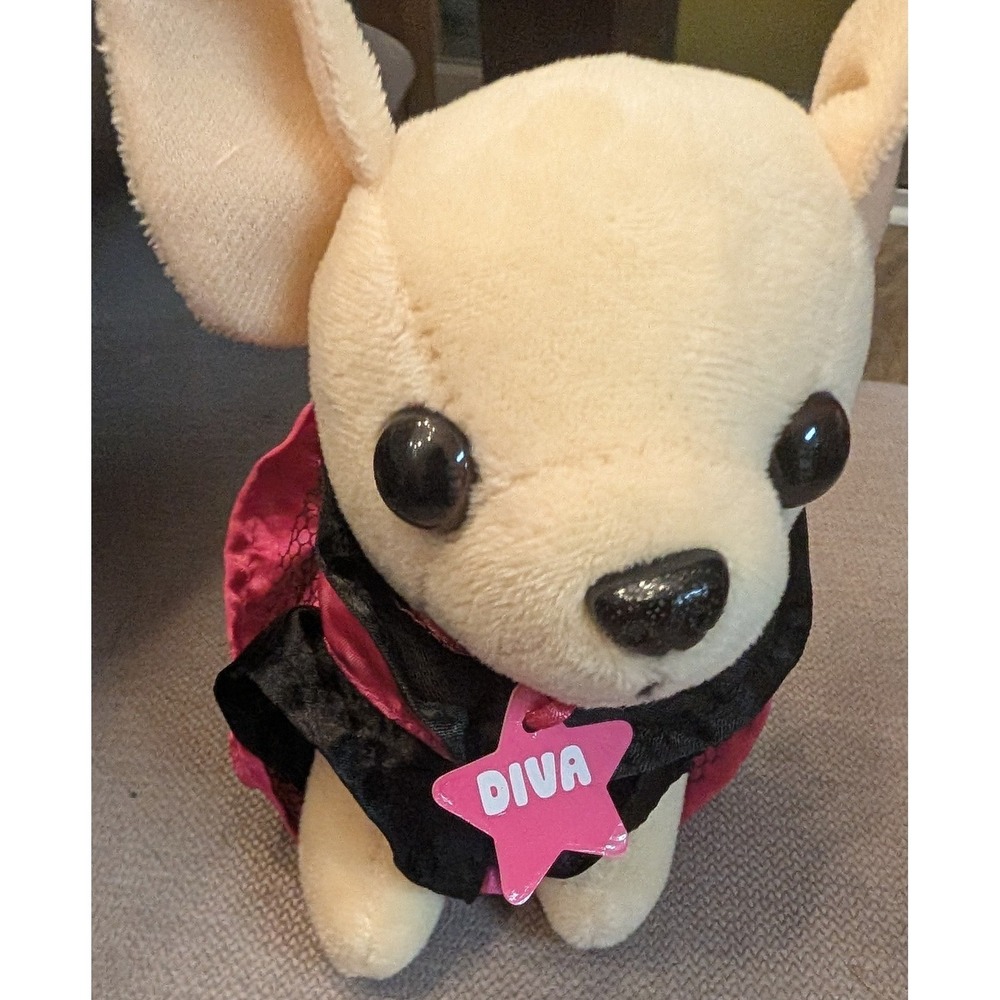 Megatoys Small Plush Chihuahua Diva Star Beige Cream Pink Black Dress Puppy Dog